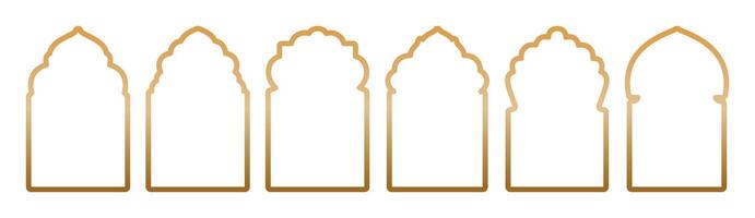 Islamic window line gold gradient shape collection isolated on transparent background. Arabic, Muslim architecture outline frame. Traditional, oriental design. Silhouettes arabesque traditional vector