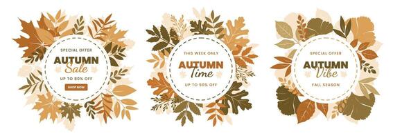 Circle greeting cards with sale text and autumn leaves. Collection of fall themed frames with design nature elements featuring leaves. Rustic hand drawn floral wreath in traditional autumn colors vector