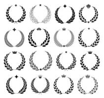 Laurel wreaths with crown and stars isolated on background. Crest wreath, laurels leaves on branches. Winner icons, victory award logos. Greek branching circle medal tidy emblems vector