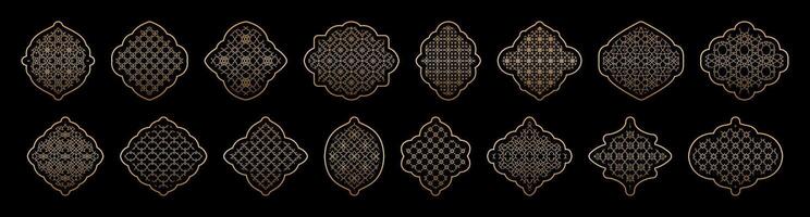 Gold gradient Arabic ornamental windows set. Islamic doors. arch, windows with Arabic pattern on black background. Muslim architecture Ramadan frames. Traditional Islamic window shapes set oriental vector