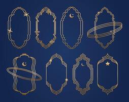 Gold Islamic modern minimalist y2k aesthetic linear arch frames set elements. Lineart geometric windows shapes. Boho line art. Arabic arch frame window mosque. Islam traditional geometric shape doors vector