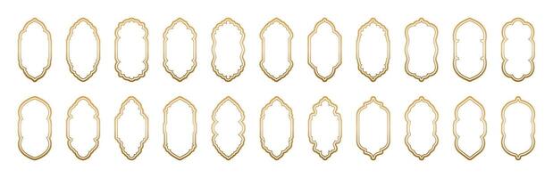 Set of golden Arabic windows and arch. Oriental style Islamic windows and arches. Islamic window shape. Arabic door frame. Islamic architecture elements of window door. Frames in Arabic Muslim design vector