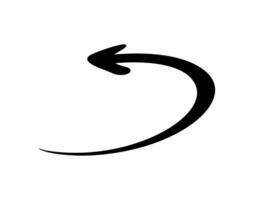 Black half round arrow pointing left following a curved path. 180 degree turn vector