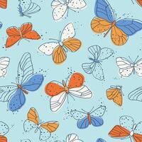 Seamless pattern of beautiful contour butterflies on a blue background vector
