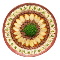 Zharkoye Mandala hearty beef and potato stew arranged in a captivating circular pattern garnished png