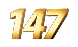 3d number 147 one hundred forty seven Gold text 3d illustration png