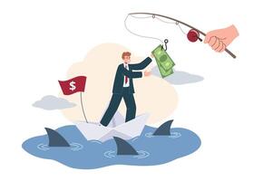 Businessman stands on a paper boat, skillfully balancing money in hand while sharks circle below. His expression conveys focus amidst economic uncertainty vector