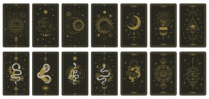 Tarot cards featuring intricate celestial and mystical designs arranged neatly. The cards highlight symbols like the moon, sun, and snakes, perfect for divination vector