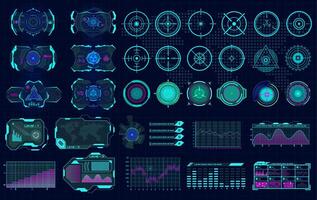 Futuristic interface showcases an array of graphical elements for data analysis and monitoring. Various icons, graphs, and indicators are present, designed for high-tech environments vector