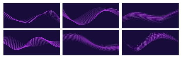 Flowing dots arranged in wavy patterns, showcasing a halftone gradient in shades of purple against a dark background vector