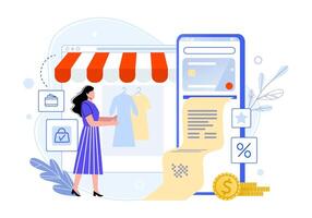 Woman with a mobile device to shop for clothing, displaying a shopping website with garments and a digital receipt indicating transactions and deals vector