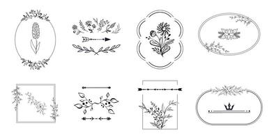 Floral frames in black and white display intricate botanical illustrations, perfect for enhancing invitations, cards, and other creative projects vector