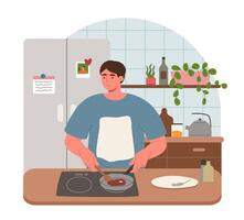 Man is cooking in a comfortable kitchen, stirring ingredients in a pan. The space is bright and inviting, featuring plants and personal touches that create a homey atmosphere vector