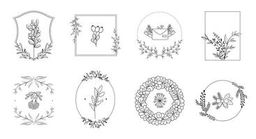 Minimalist frame designs showcase blooming flowers and hand-drawn leaves, perfect for enhancing invitations, cards, and artistic projects vector