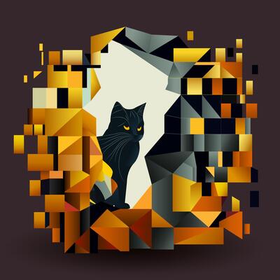 cat in abstract art style, cube style for poster, banner or background, illustration