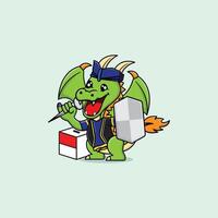 design illustration of a smiling Green Dragon holding spikes and a shield with a traditional Indonesian theme vector