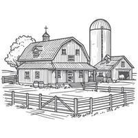 Classic Country Farmhouse with Barn and Fields Sketch vector