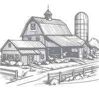 Rustic Farmyard Sketch with Barn and Fields vector