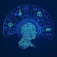 concept of biometrics or digital forensics, graphic of man head shape combined with fingerprint pattern and futuristic interface vector