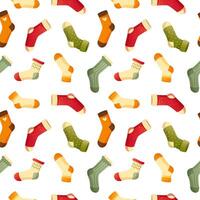 Stylish seamless pattern of colorful cozy and different socks. Socks with different patterns and colors. Pattern of winter and autumn socks on a white background. vector