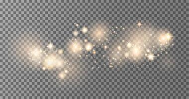 Glowing light sparkles dust bokeh with sparks and stars transparent overlay effect.Christmas Glowing element bokeh dust warm gold color effect for holiday design, cards, banner, poster. vector