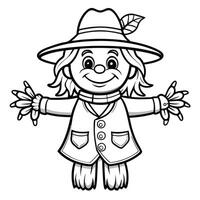 Isolated Coloring Page of a Spooky Scarecrow Standing in the Field vector