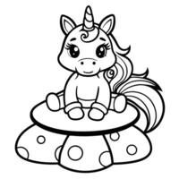Enchanting Unicorn Resting on a Whimsical Mushroom Coloring Adventure vector
