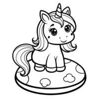 Enchanting Unicorn Resting Gracefully on a Vibrant Mushroom in a Coloring Page vector