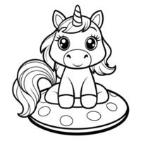 Unicorn Sitting on a Mushroom Coloring Page in Fantasy Land vector