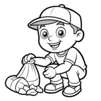 Young Boy Participating in Litter Cleanup by Picking Up Trash from the Ground vector