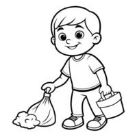 Dedicated Boy Contributing to a Cleaner Planet by Picking Up Litter Coloring Page vector