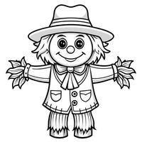 Isolated Coloring Page of a Creepy Scarecrow Standing in a Field vector