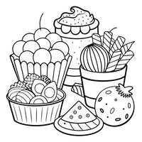 Isolated Coloring Page for Kids Featuring a Variety of Snacks vector