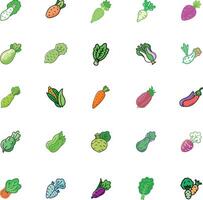 Set of 25 outline icons related to fruits, vegetables and berries. Linear icon collection. Editable stroke. illustration vector