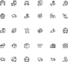 Delivery and icons set. Collection of simple linear web icons such as Shipping By Sea Air, Delivery Date, Courier, Warehouse, Return Search Parcel, Fast Shipping, and others Editable stroke. vector