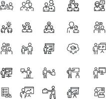 This icon pack features a collection of clean, minimalist line icons representing mentoring, coaching, training, teamwork, and collaboration concepts. vector