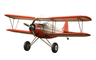 a red airplane with a propeller flying in the air isolated on a transparent background png