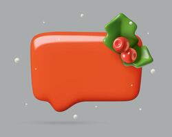Red Christmas 3d speech bubble with holly berries snow and copy space for text vector