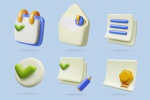 Documents 3d icons set for office work and business mail contract and paper sheets check mark vector