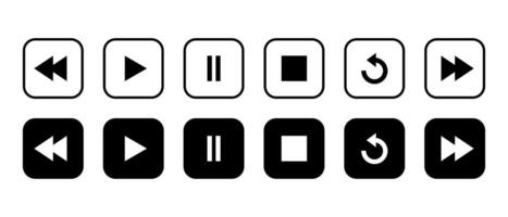 Rewind, play, pause, stop, repeat, and forward icon on black square vector