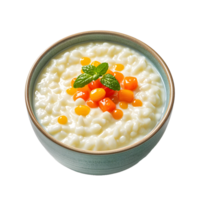 A bowl of rice with orange and carrot garnish png