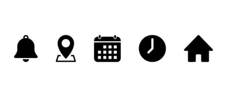 Notification, location, date, time, and home icon. Bell, map pin, calendar, clock, and house sign symbol vector