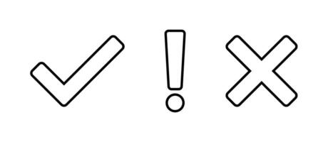 Checkmark, exclamation mark, and cross sign icon. Tick, warning, and x symbol. Editable stroke vector