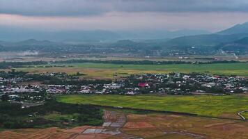 topp se av ris fält med en tåg reser förbi järnväg på bakgrund av bergen i vietnam i Asien i kväll video