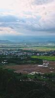 top view of rice fields with villages on background of mountains in Vietnam in Asia in evening video