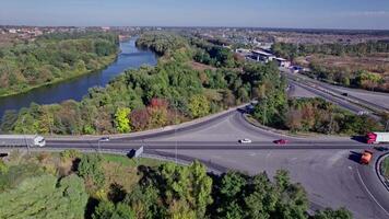 Aerial drone view of highway multi-level junction road video