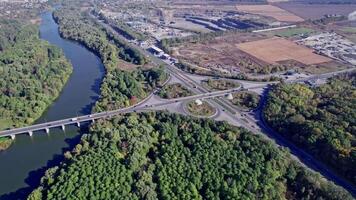 Aerial view of a highway intersection with a clover-leaf video