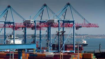 Container terminal in the harbor, busy logistics background video