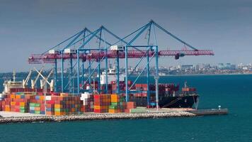 Modern container ship on an container terminal video
