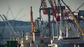 Working crane bridge in shipyard, logistic import export and transport industry background video